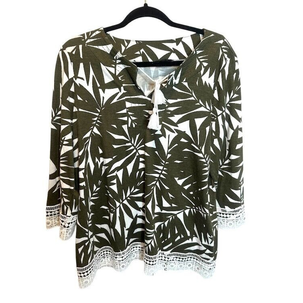 Talbots Green White Top Tassel Lace Trim 3/4 Sleeve Tropical Floral Large Petite
